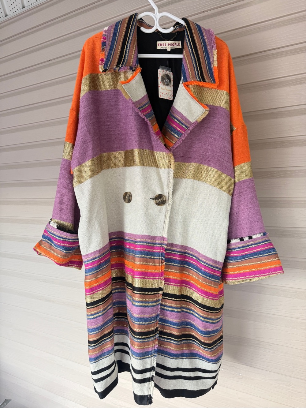 Free People Orange Purple Striped Broad Horizons Coat Oversized Boho Eclectic M
